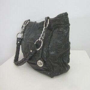 The Sak Womens Black Leather Purse Chain Braided Double Handle Bag Pleated Fob